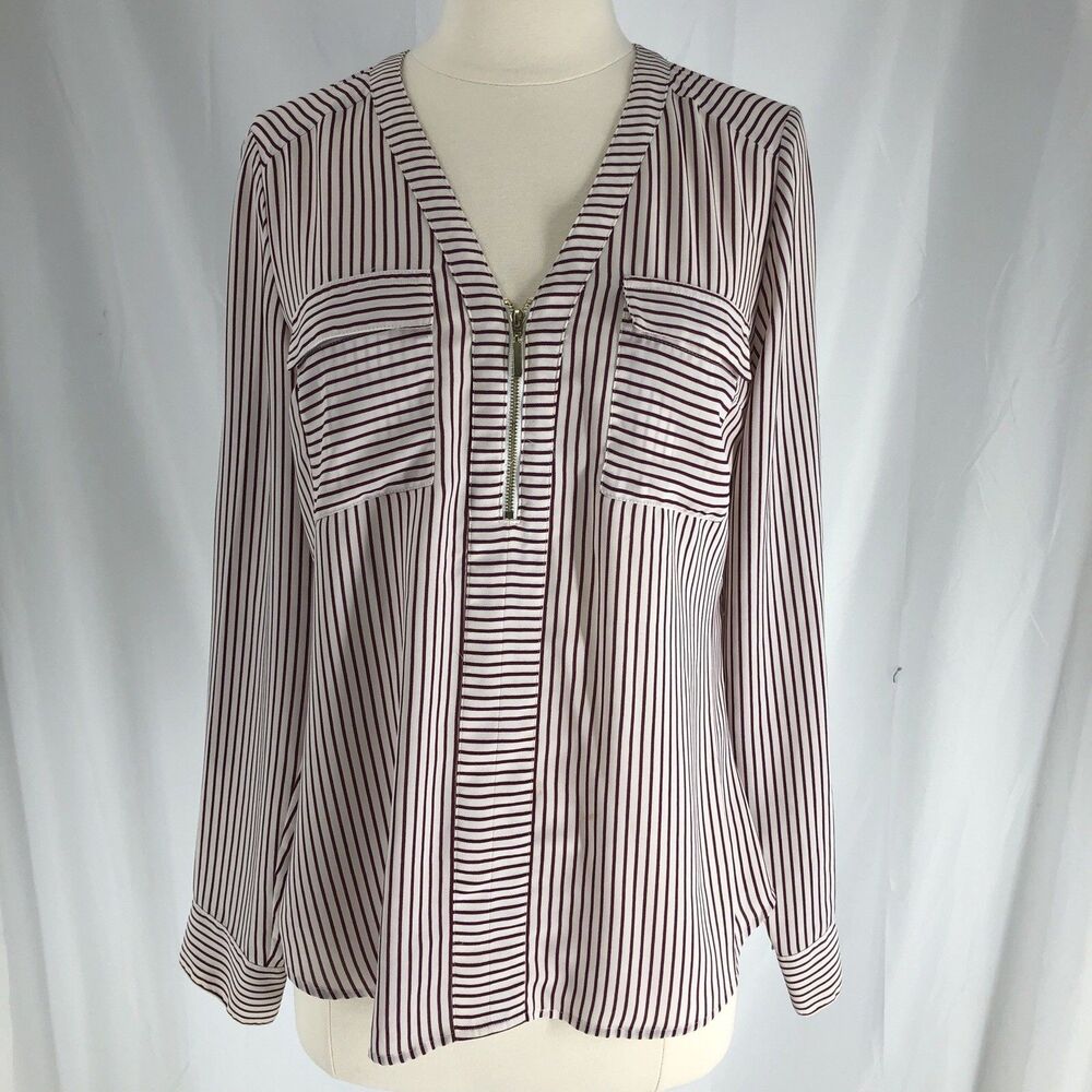 EXPRESS Portofino Shirt Small Red White Vertical Stripe Blouse  V-Neck 1/4 Zip